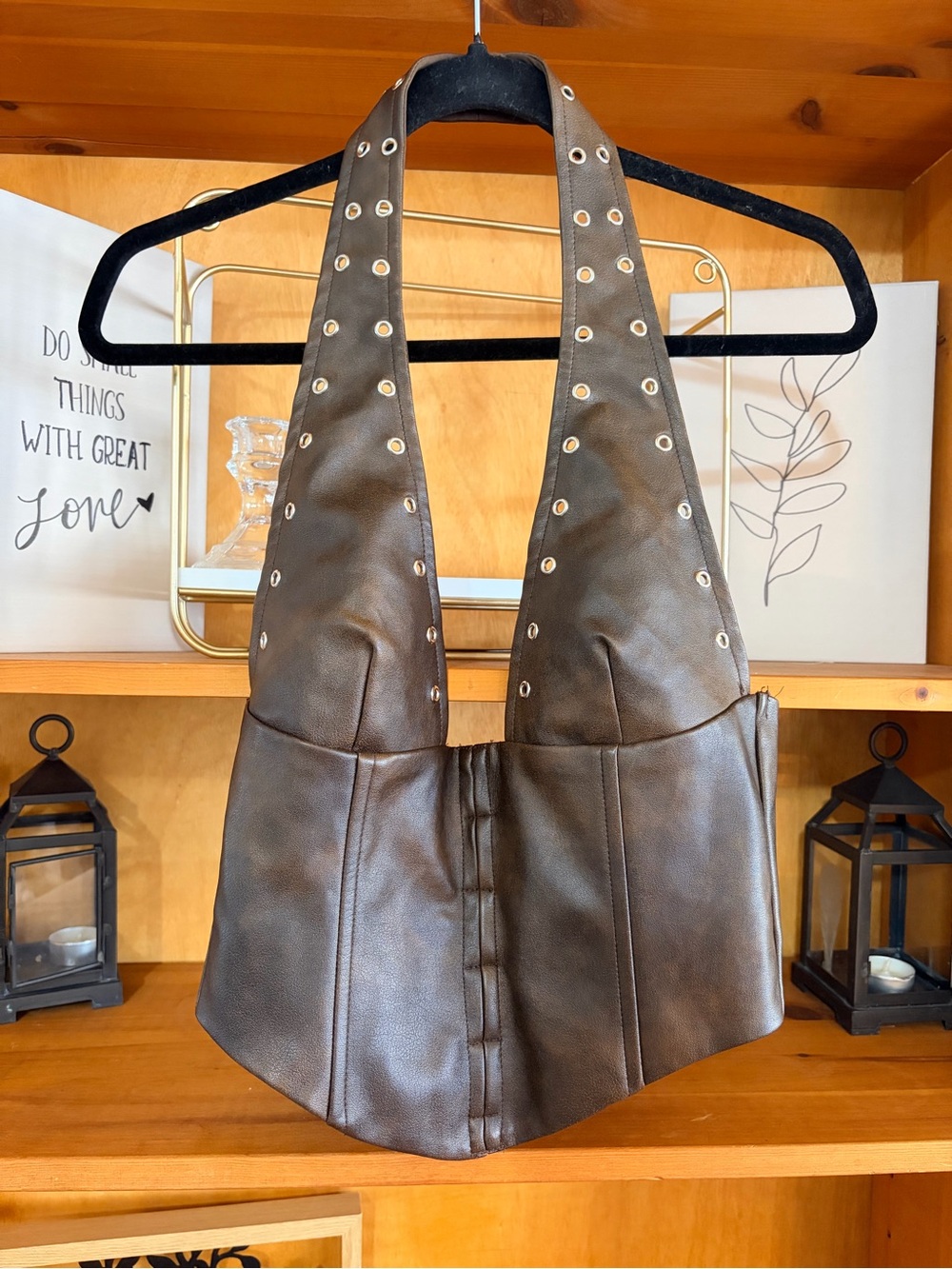 Tic Toc Brown Faux Leather Corset Halter Top Y2K Boho Western Moto Size m - Picture 2 of 6